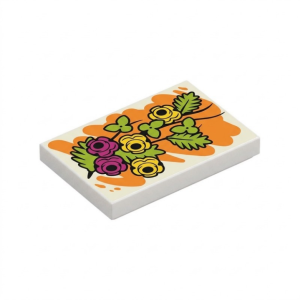 LEGO 26603pr9992 Tile 2 x 3 with Orange Paint, Magenta and Yellow Flowers, Lime Leaves (White)
